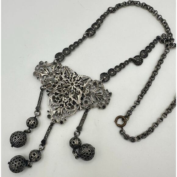 Antique Art Deco 1920s 1930s silver plated Art Nouveau Revival floral necklace - Picture 4 of 8